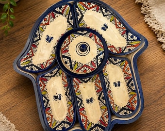 Handgefertigtes marokkanisches Hamsa-Tablett – Servierplatte aus Keramik – Boho-Küchendeko – Ramadan-Servierplatte