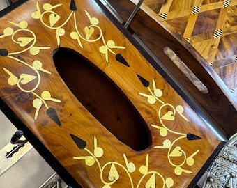 Funda para caja de pañuelos de madera de tuya marroquí hecha a mano – Soporte de lujo para pañuelos de madera – Decoración rústica para baño y hogar