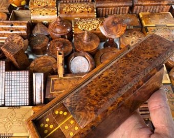 Caja de dominó de madera de tuya hecha a mano, juego de dominó marroquí de madera con tapa deslizante, caja de juego de madera de raíz, regalo de lujo