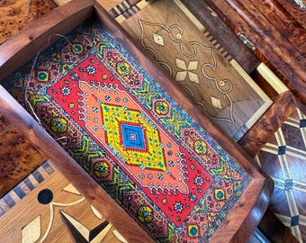 Pequeña bandeja decorativa de madera de tuya, hecha a mano, estilo marroquí, grabada, decoración rústica para el hogar, regalo.