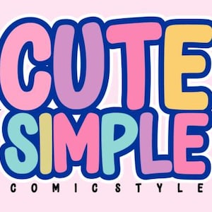 May include: A graphic design featuring the text CUTE SIMPLE in large, rounded, multi-coloured bubble letters with a thick blue outline. Below, the text COMIC STYLE appears in smaller black letters. Four small blue four-pointed stars flank the text.