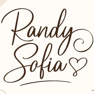 May include: A digital design featuring the words "Randy Sofia" in a flowing, elegant script font. A heart symbol replaces the letter "o" in Sofia. The background is a soft beige with decorative elements.