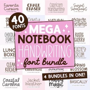May include: A pink and white graphic advertising a handwriting font bundle. The image shows a central pink rectangle with the text "MEGA NOTEBOOK HANDWRITING font bundle" and a brown circle with "40 FONTS".