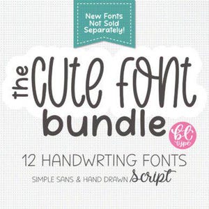 Puede incluir: La imagen muestra un paquete de fuentes titulado "the CUTE font bundle" con 12 fuentes de escritura a mano. Un banner turquesa dice "New Fonts Not Sold Separately!" y un logo rosa "bc type". El fondo es un patrón punteado gris claro.