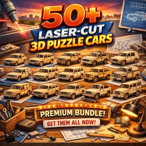 Puede incluir: Imagen promocional de rompecabezas 3D de coches cortados con láser. La imagen muestra numerosos modelos de coches beige, con el texto "50+ LASER-CUT 3D PUZZLE CARS" y "PREMIUM BUNDLE! GET THEM ALL NOW!". La escena está ambientada sobre una superficie de madera.