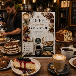 Puede incluir: Un libro de cocina rectangular vertical titulado COFFEE PAIRING COOKBOOK con una portada blanca que muestra imágenes de café, pasteles y postres. El texto incluye 20 Irresistible Recipes, Flavor Meets Aroma y AOC ATOLYE sobre una mesa de madera.