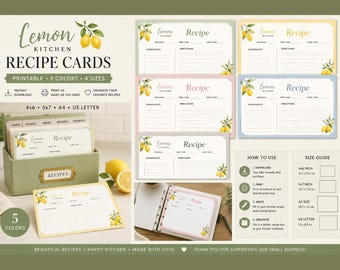 Paquete imprimible de tarjetas de recetas de Lemon Kitchen / 5 colores, 4 tamaños (descarga digital)