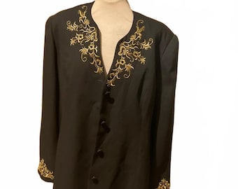 Vintage 80s black and gold embroidered blazer large