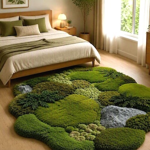 Alfombra de musgo 3D tejida a mano, alfombra de lana con diseño irregular de bosque, alfombra con estética natural verde para dormitorio, alfombra botánica personalizada para sala de estar.