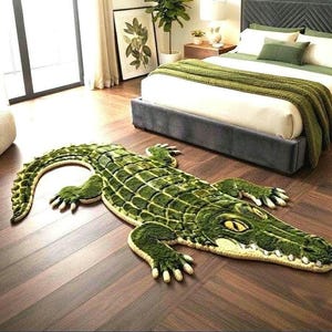 Hand Tufted Crocodile Wool Rug, 3D Carved Alligator Area Rug for Kids Room, Safari Nursery Floor Mat, Irregular Animal Playroom Carpet