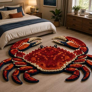 Alfombra de cangrejo tejida a mano – Alfombra de felpa con motivos náuticos de animales marinos – Decoración costera para dormitorio