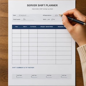 Puede incluir: Una hoja de registro Server Shift Planner blanca con texto negro y encabezados azules. El formulario incluye campos para fecha, reservas, total de invitados y turno, seguidos de una tabla para seguimiento y una sección de resumen de turno.