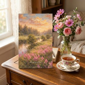 Könnte beinhalten: Ein 2026-Kalender mit dem Titel "Cozy Landscapes" mit einem Landschaftsgemälde eines Flusses und rosa Blumen. Eine Blumetasse und Untertasse sowie eine Vase mit rosa Blumen stehen auf einem Holztisch.