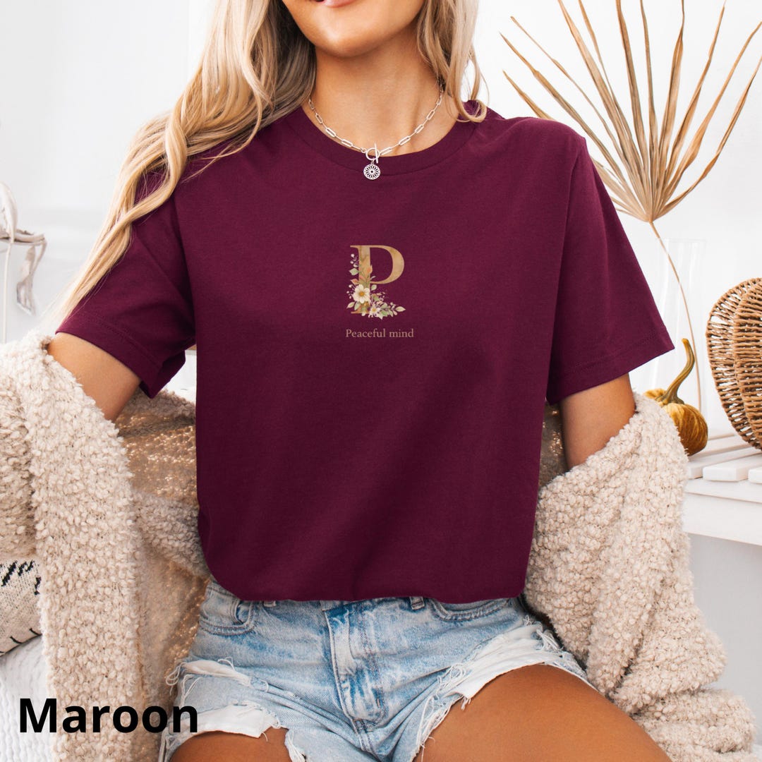P Design Merch Floral Monogram P T-shirt | Letter P Initial Tee, Minimal Botanical ...