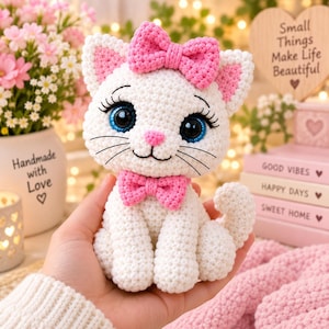 Katt Virkmönster Kitty med rosett Enkel plysch Amigurumi Kattunge PDF Mönster