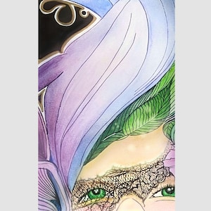 May include: An abstract watercolor painting featuring a woman's face with green eyes. The artwork uses a palette of purple, blue, and green hues, with intricate details in the eye area and a floral-like design.
