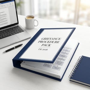 May include: A navy blue binder labeled "GRIEVANCE PROCEDURE PACK UK 2026" is open, revealing printed pages. A laptop, pen, coffee mug, and spiral notebook are also on the white surface. The binder has a white border around the text.