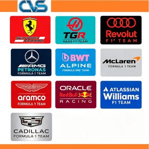 May include: A collection of rectangular logos featuring various Formula 1 teams including Scuderia Ferrari, Haas F1 Team, Revolut F1 Team, Mercedes-AMG Petronas, BWT Alpine, McLaren, Aston Martin Aramco, Oracle Red Bull Racing, Williams, and Cadillac F1 Team.