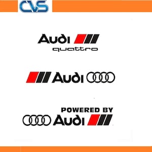 May include: A collection of Audi logos on a white background. The top logo features the word Audi with a red and black parallelogram graphic and the word quattro below. The middle logo shows the red and black graphic, Audi, and four rings. The bottom logo displays the four rings, Audi, and the text POWERED BY with the red and black graphic. A CVS logo is at the top.