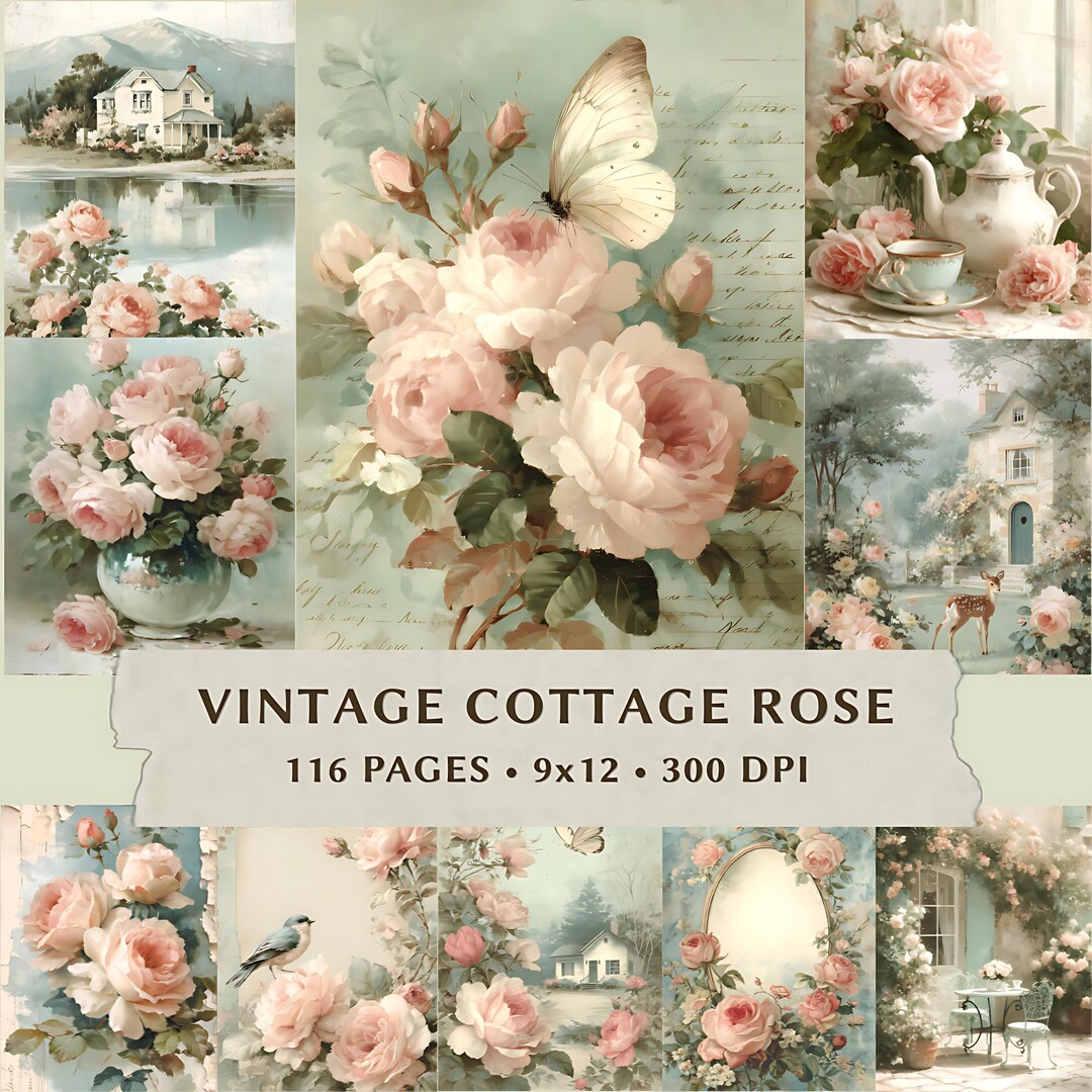 Vintage Cottage Rose Digital Paper Pack, Shabby Chic Floral Paper ...