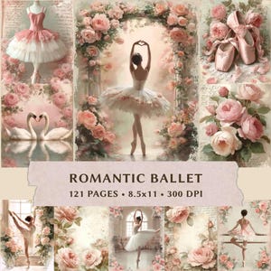 Pode incluir: Uma colagem de imagens com tema de balé em tons suaves de rosa e branco. As imagens incluem uma bailarina, sapatilhas de balé, tutus e rosas. O texto "ROMANTIC BALLET" é exibido em uma faixa.