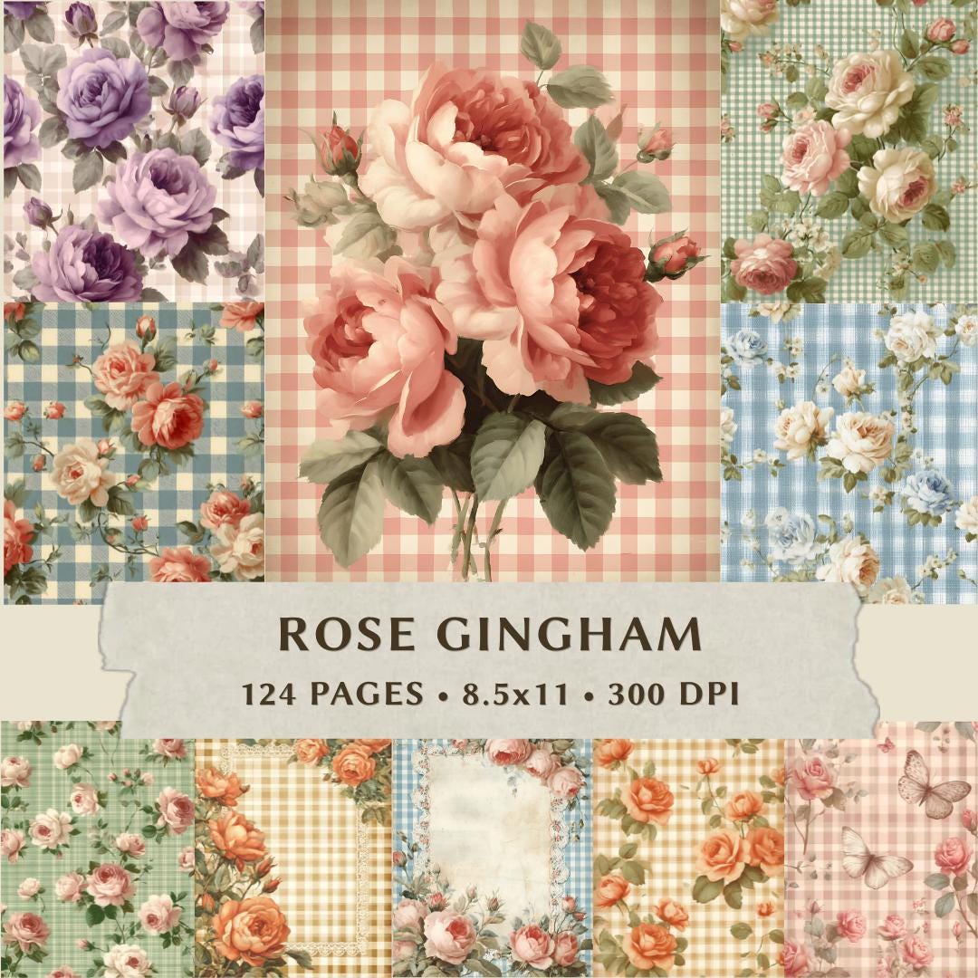 Rose Gingham Digital Paper Pack, Vintage Floral Scrapbook Pages ...