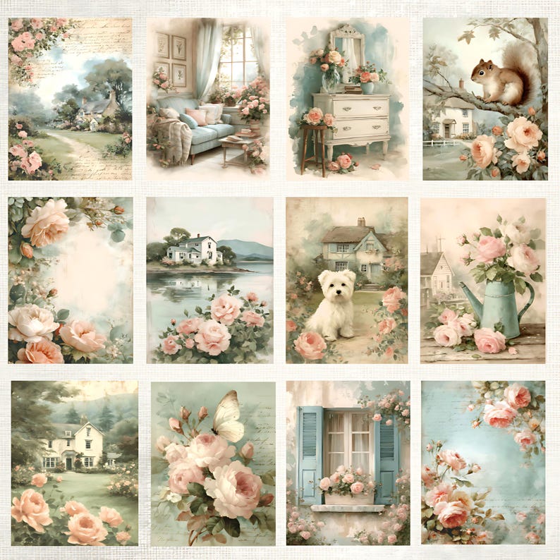 Vintage Cottage Rose Digital Paper Pack, Shabby Chic Floral Paper ...