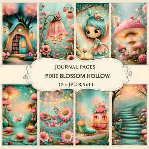 Peut inclure: Un ensemble de 12 pages de journal intitulées Pixie Blossom Hollow, présentant des illustrations de 8,5x11 pouces de scènes de forêt avec des fées, des champignons roses, des paysages floraux, une chenille et une maison dans un arbre.