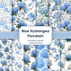 May include: A collection of 12 digital patterns featuring blue hydrangea floral designs on a white background. The patterns showcase various arrangements of the flowers, with the text "Blue Hydrangea Porcelain" and "Instant Download".
