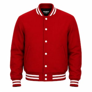 May include: A bright red varsity jacket featuring a white striped collar, cuffs, and hem. The jacket has a front button closure with white snap buttons and a black inner label with the text PRIME FIT visible at the neckline of the garment.