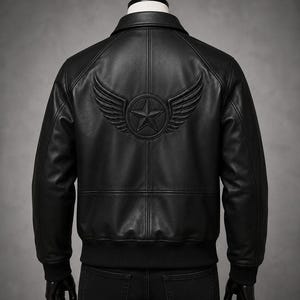 Men's Black Leather Bomber Jacket, Embossed Eagle Star, A2 Pilot Style Aviator