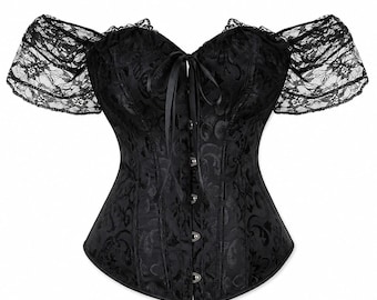 Czarny koronkowy gorset z odkrytymi ramionami, bluzka gorsetowa w stylu wiktoriańskim