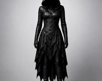 Gothic Leather Hooded Dress, Steampunk Assassin Cosplay, Dark Fantasy Gown