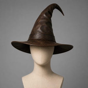 May include: A pointed witch hat in a dark brown color with a weathered, textured finish. The hat features a wide, slightly curved brim and a structured band around the base of the tall, conical crown, which curves downward at the very top point.