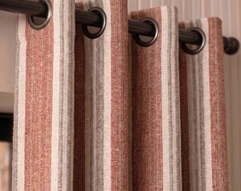 Cortinas de algodón y lino a rayas color terracota, cortinas rústicas a medida, cortinas estilo boho.