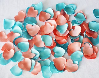 Coral Pink, Turquoise, Peach Custom Petals, Confetti, Wedding Decor, Fake Petals, Heart, Artificial rose petals, Fabric Flowers, Love Shaped