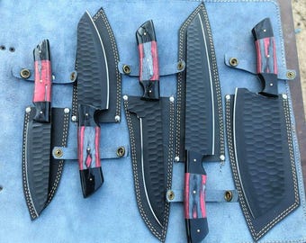 Set di coltelli da chef fatti a mano – Coltelli da cucina con manico in legno e resina, fodero arrotolabile in pelle, set da 5 pezzi, set di coltelli, regalo per lui/lei, regalo di anniversario
