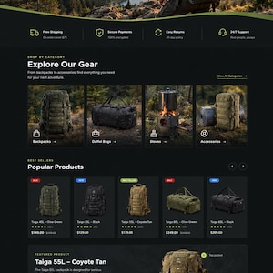 May include: A website homepage for Taiga outdoor gear featuring a hero image of a person with a large tactical backpack overlooking mountains. The page displays product categories, a list of popular backpacks, and a featured Taiga 55L Coyote Tan bag.
