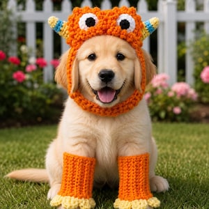 Pode incluir: Um filhote de golden retriever usando um gorro de monstro de crochê laranja brilhante com grandes olhos brancos e pretos e pequenos chifres azuis e amarelos, combinado com polainas de crochê laranja com bordas amarelas onduladas.