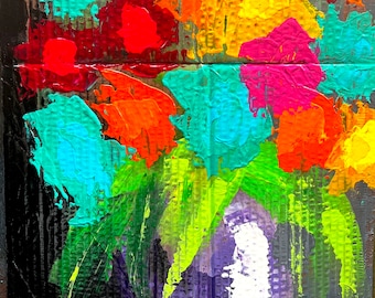 Colorful Impressionist FLORAL Acrylic Upcycled Cardboard Painting   SHIPS FREE   Unique,  Affordable Art - Impressionist Artist Swartzmiller