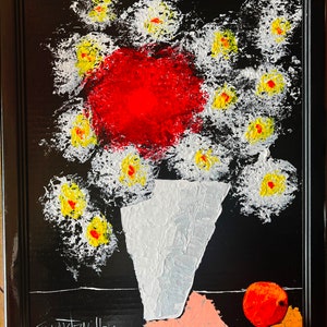Pintura acrílica de jarrón de flores blancas - Cartón reciclado - BARCOS GRATIS - Arte único, colorido y asequible - Artista impresionista SWARTZMILLER