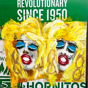 Pintura de retrato louro em papelão reciclado acrílico - ENVIO GRATUITO - Arte única, colorida e acessível - Artista impressionista SWARTZMILLER