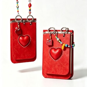 Puede incluir: Dos estuches rectangulares rojos con un emblema de corazón en relieve en la parte frontal, con anillos de metal plateado en la parte superior. Un estuche cuelga de una correa de cuentas multicolor, mientras el otro está de pie, con un dije de corazón.