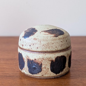 Yellow and Dark Brown Iron Wash Stoneware Pottery Trinket Jar