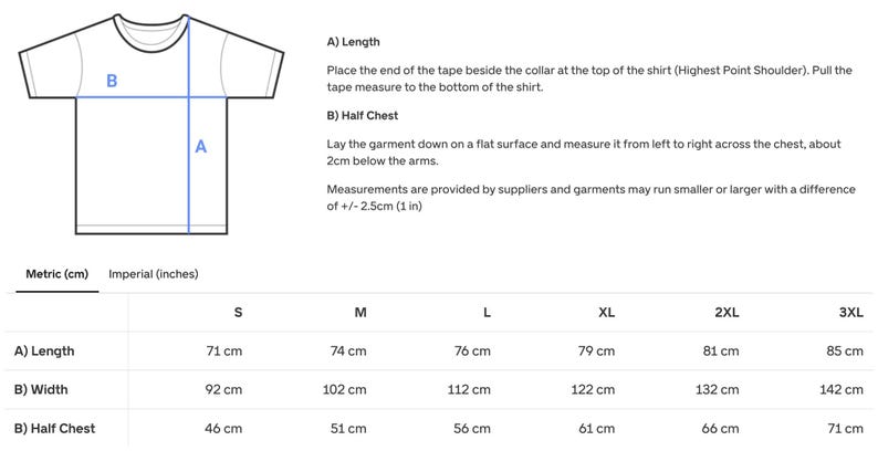 May include: Diagram illustrating how to measure a t-shirt for length and width. Includes measurements in centimeters and inches for sizes S through 3XL. The diagram shows where to measure the length and half chest.
