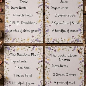 May include: Four recipe cards with floral borders and handwritten text on a wooden surface. The cards list ingredients for tonics and charms, including petals, dandelions, and stones. Small glass bottles and dried flowers are scattered around.
