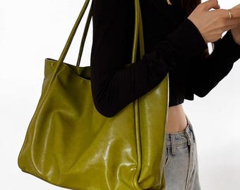 Vintage Green Women’s Tote: Slouchy Shoulder Bag Spacious Everyday Elegant Minimalist Purse