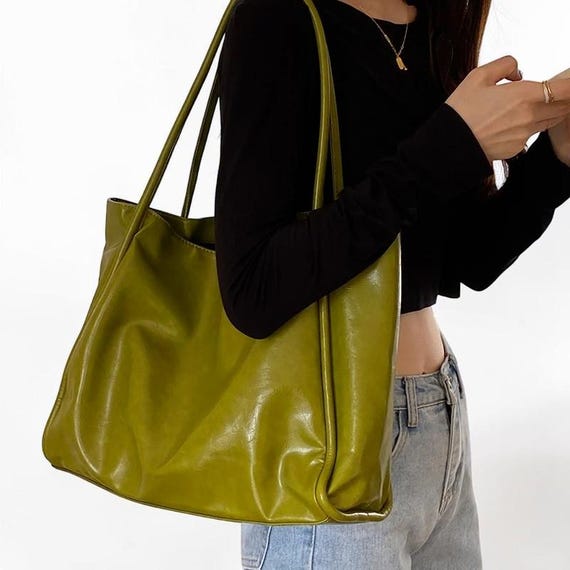 Vintage Green Women’s Tote: Slouchy Shoulder Bag Spacious Everyday Elegant Minimalist Purse