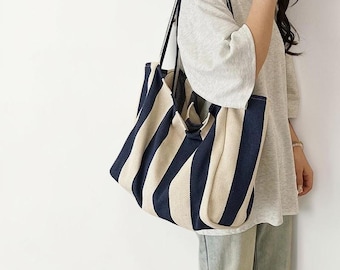 Korean Canvas Stripe Tote: Minimalist Large-Capacity Shoulder Bag Casual Everyday Shopping Handbag