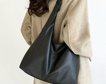 Slouchy Vegan Leather Tote: Minimalist Soft Leather-Look Shoulder Carry Spacious Everyday Bag